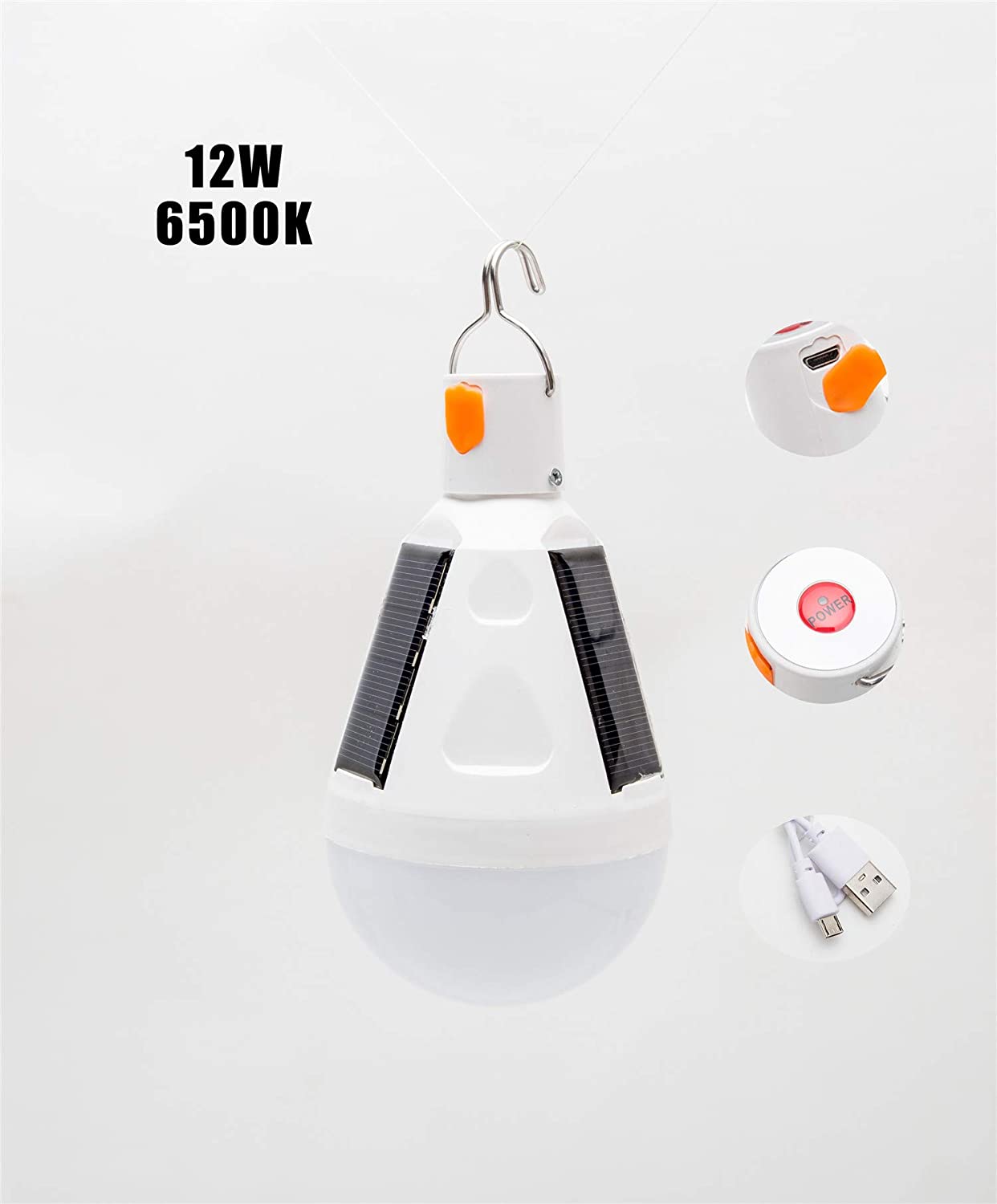 12W Solar Light Bulb 6500K Portable Solar Emergency Bulb Waterproof 3 Lighting Modes USB Rechargeable 1